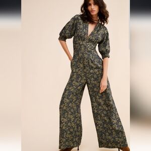 Anthropologie Floral Jumpsuit in Blue and Olive